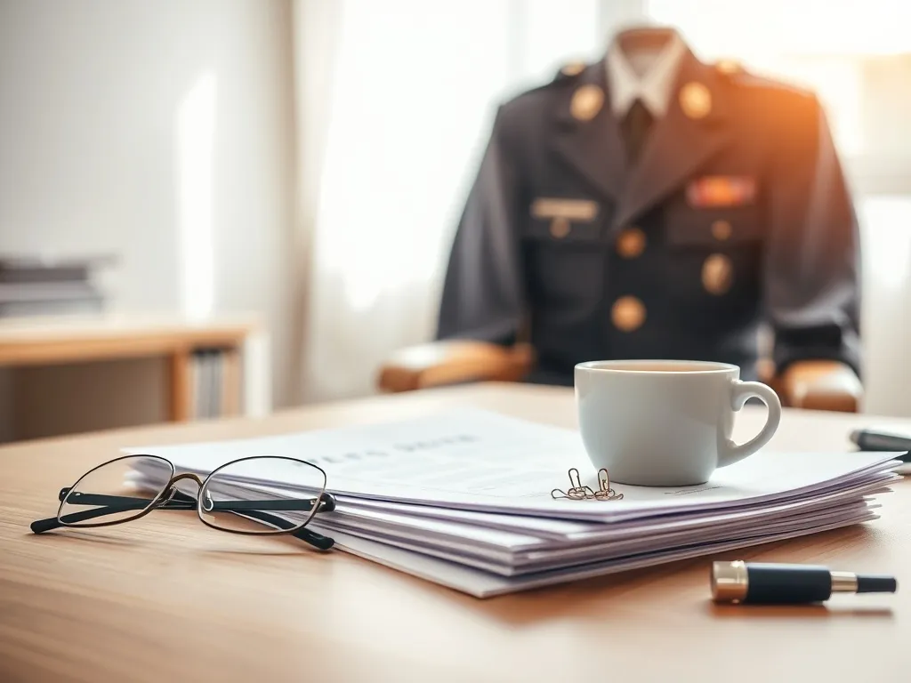 Dokumenty emerytalne na biurku i zawieszony mundur emerytowanego funkcjonariusza, symbol dwóch świadczeń dla mundurowych.