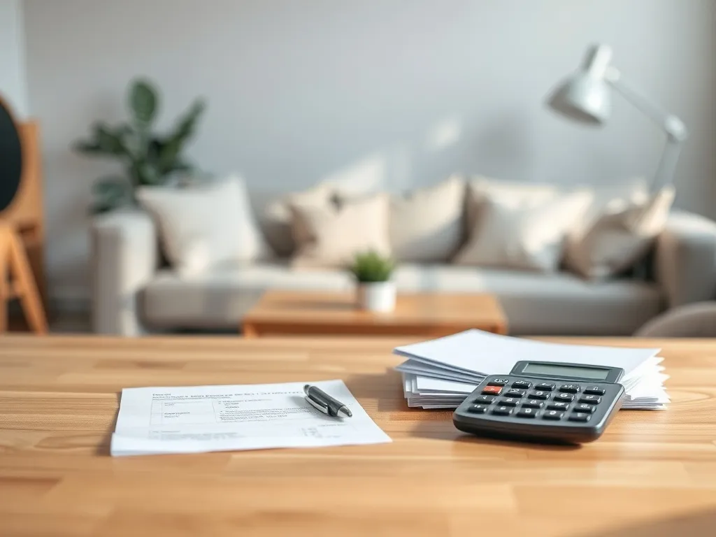 Biurko z dokumentami, długopisem i kalkulatorem, symbolizujące spokojne planowanie upadłości konsumenckiej bez majątku