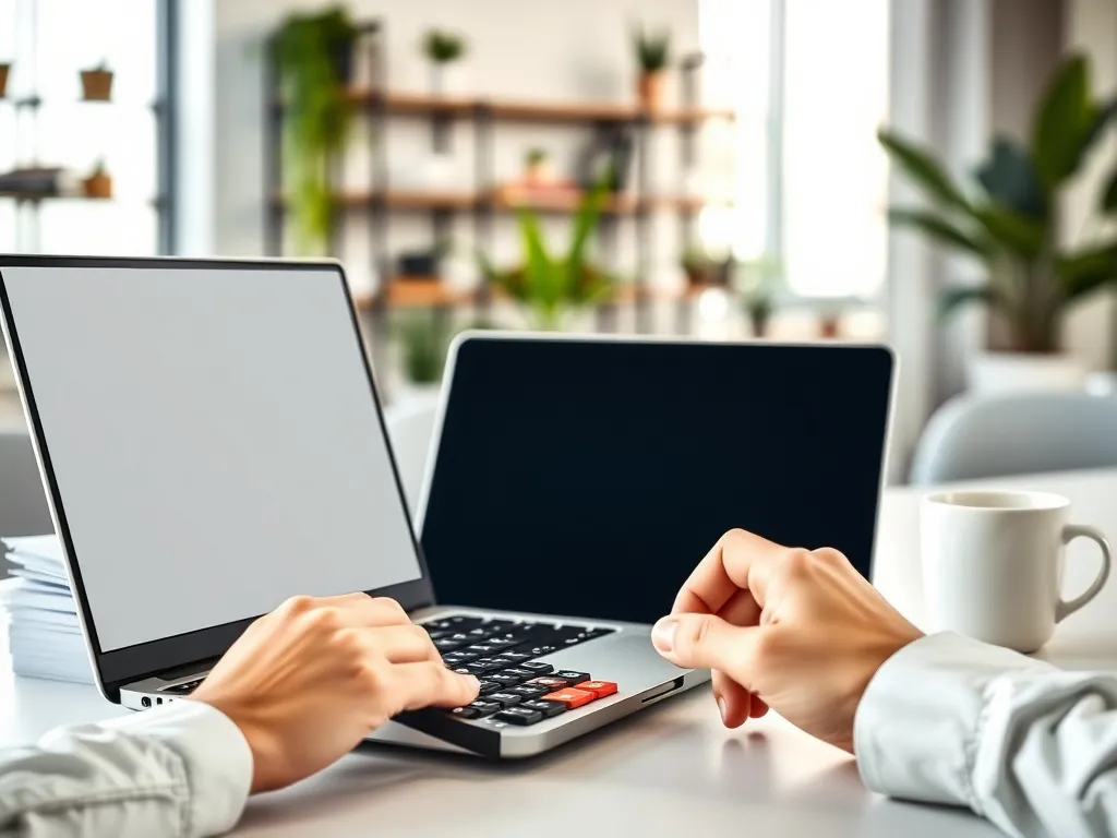 Biurko z laptopem i kalkulatorem obok uporządkowanych faktur, ilustrujące obliczanie odsetek za opóźnienie w transakcjach