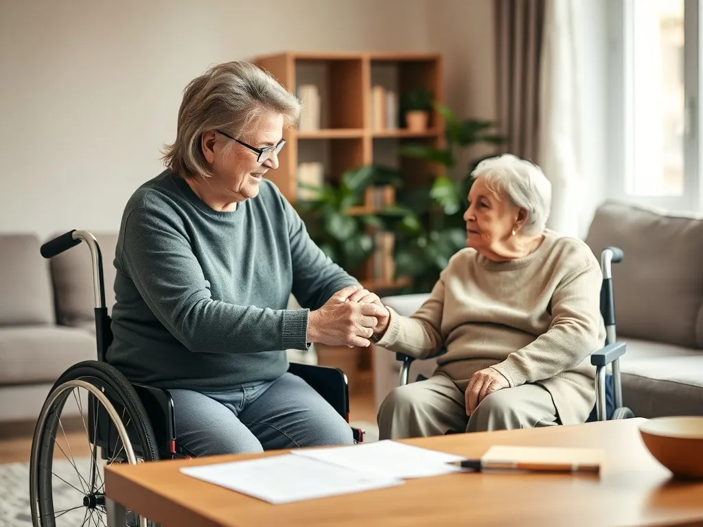 Osoba w średnim wieku wspiera starszą osobę na wózku, razem przeglądają dokumenty przy stoliku w spokojnym salonie.