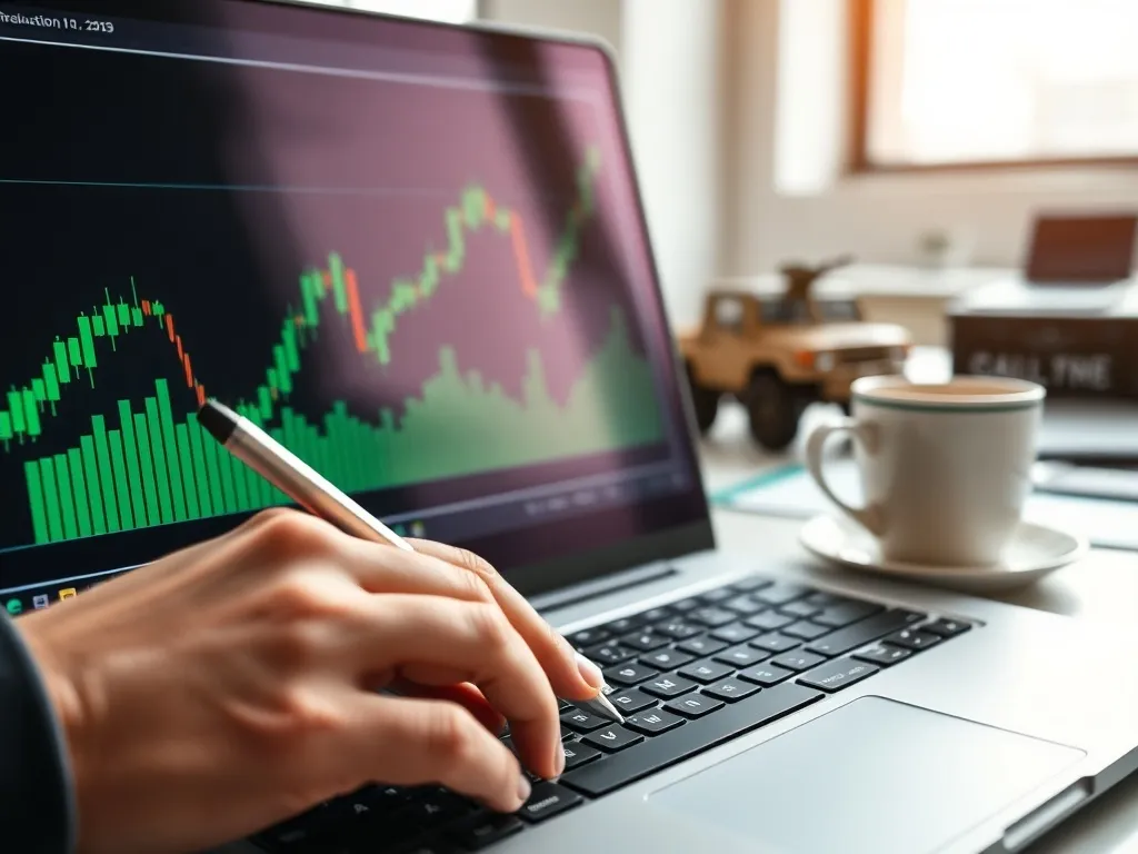 Wykres giełdowy z rosnącymi słupkami na ekranie laptopa, w tle model pojazdu wojskowego na biurku