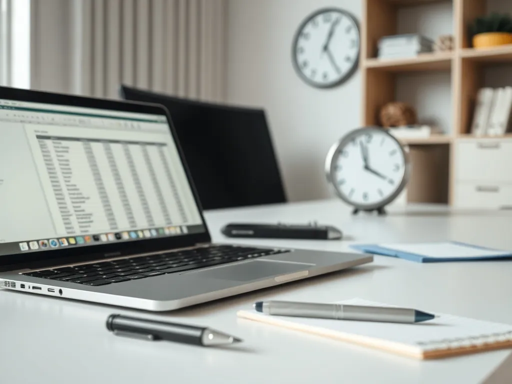 Biurko z laptopem z arkuszem kalkulacyjnym i kalkulatorem, w tle zegar wskazujący późną godzinę – obliczanie nadgodzin.
