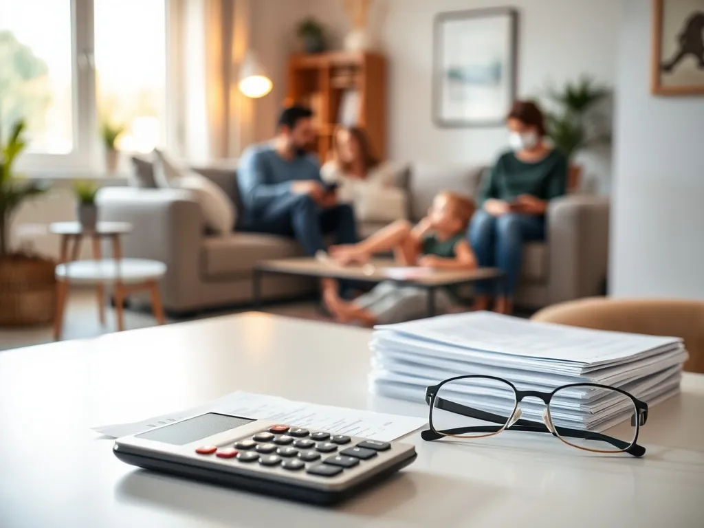 Rodzice w salonie obserwują bawiące się dziecko, na pierwszym planie dokumenty i kalkulator związane z ulgą na dzieci