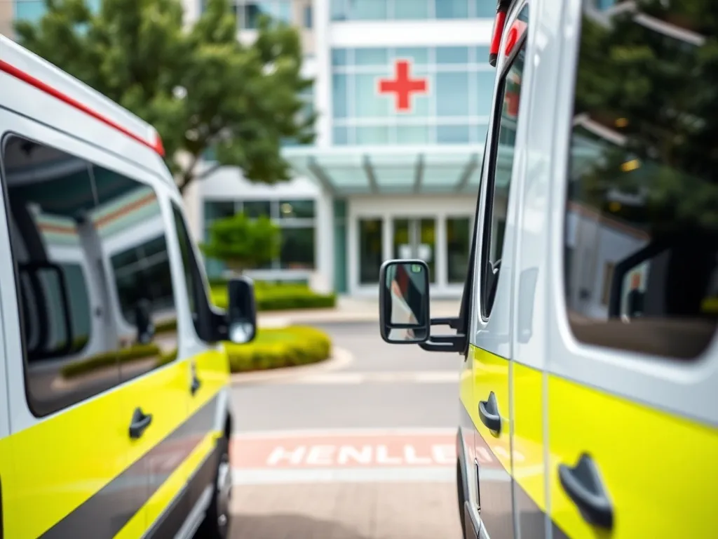 Karetka zaparkowana przed szpitalem, otwarte drzwi kierowcy podkreślają pracę i odpowiedzialność kierowcy karetki