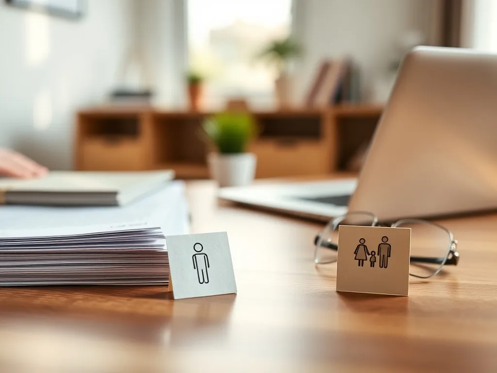 Ikony osoby samotnej i rodziny obok dokumentów i okularów, symboliczne porównanie renty wdowiej i renty rodzinnej.