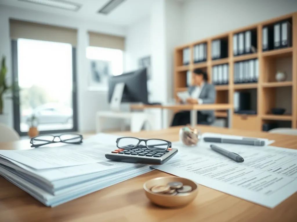 Biuro rachunkowe: dokumenty PIT, kalkulator i pieniądze na biurku, w tle księgowy omawia rozliczenie z klientem.