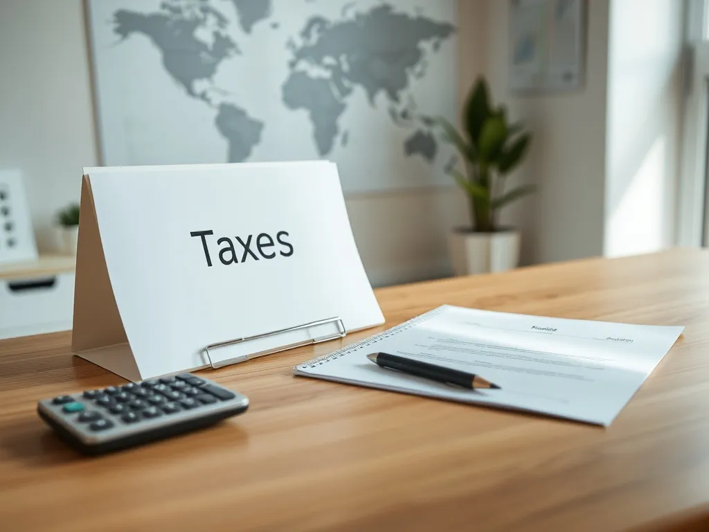 Biurko z teczką „Taxes”, kalkulatorem i dokumentem, w tle mapa świata – spokojna atmosfera rozliczeń podatków z zagranicy.