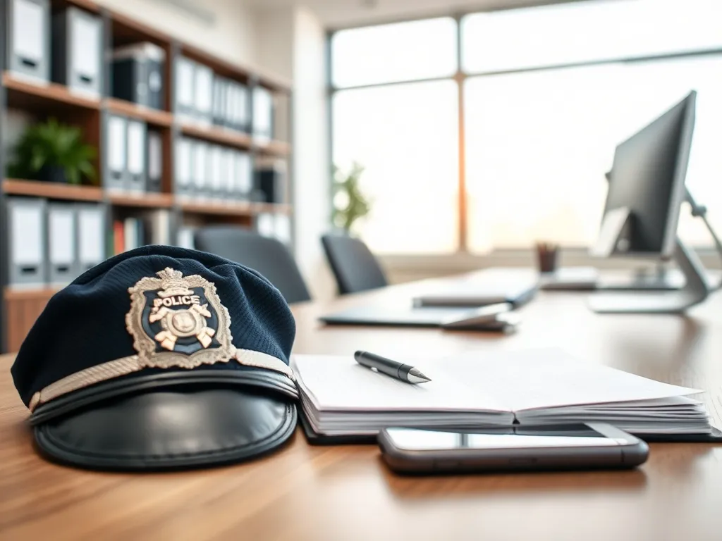 Biurko policjanta kryminalnego z czapką, odznaką i dokumentami, symbolizujące pracę i zarobki w policji.