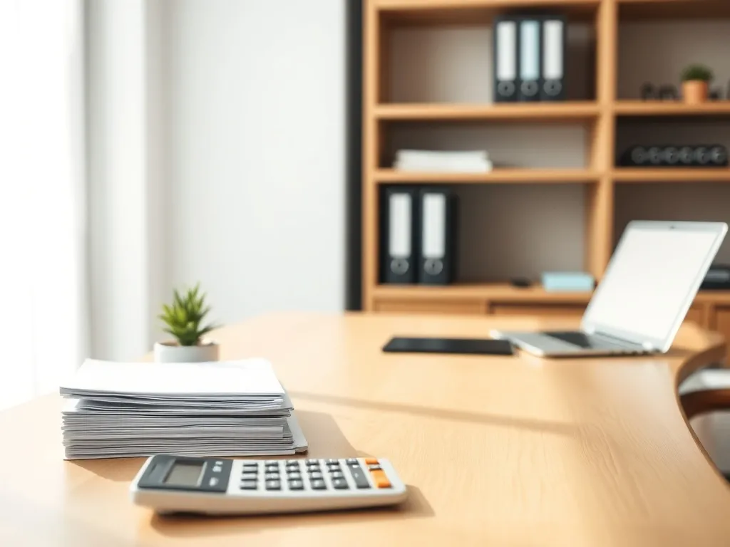 Biurko z dokumentami i kalkulatorem w jasnym biurze domowym, symbolizujące ewidencję i wycenę środków trwałych.