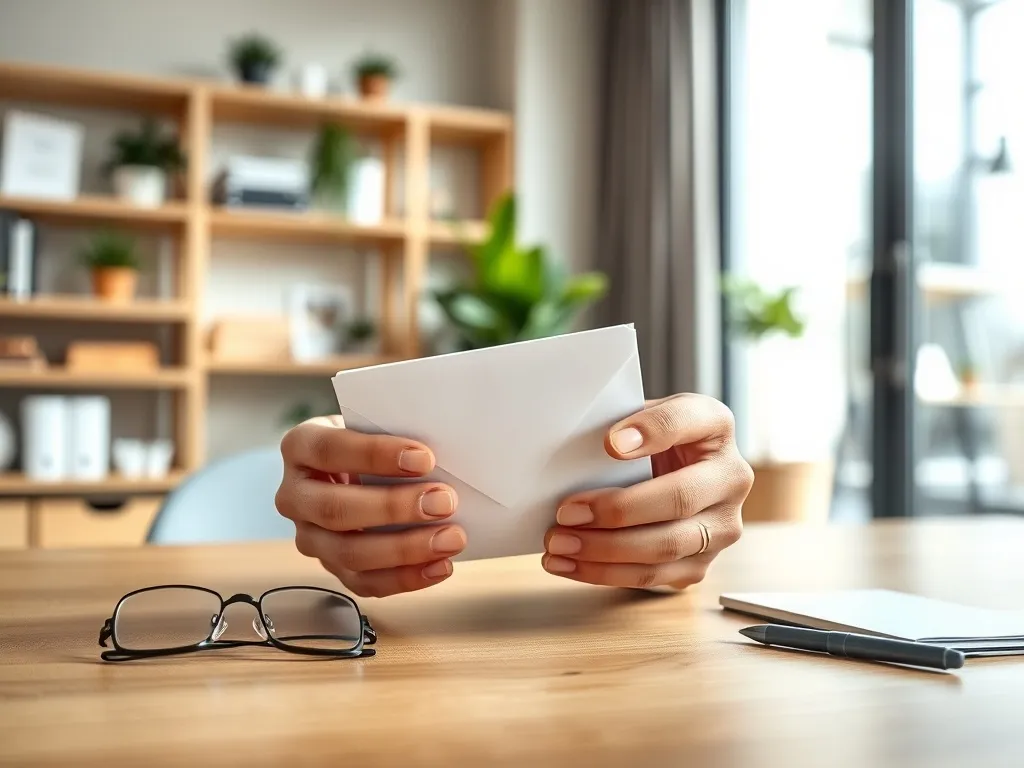 Pracownik budżetówki trzyma kopertę z dokumentami emerytalnymi przy biurku w jasnym, spokojnym biurze.