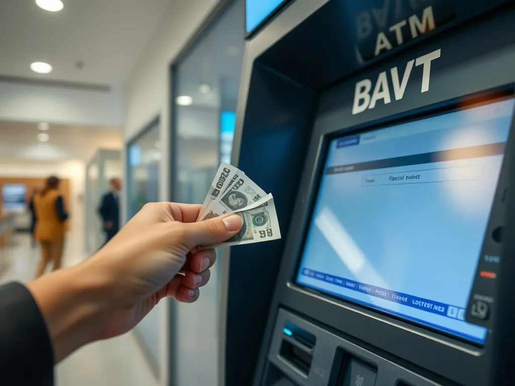 Ręka wkładająca plik banknotów do nowoczesnego wpłatomatu w jasnym, bezpiecznym wnętrzu banku.