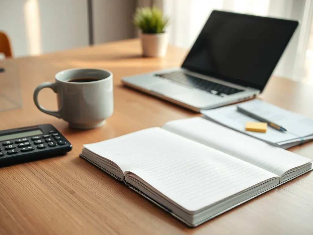 Biurko z notesem, kalkulatorem i dokumentami, przygotowanie do obliczania kwartalnych składek KRUS w domowym biurze.