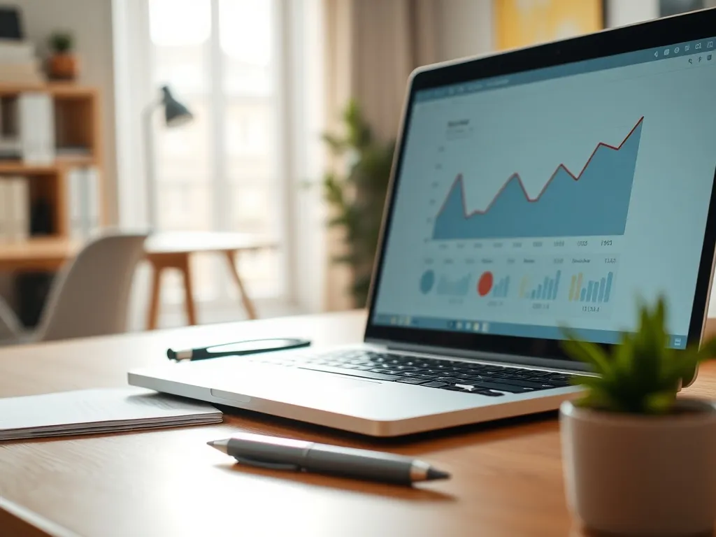 Laptop z wykresem liniowym na biurku, obok notatnik i roślina, ilustrujące analizę wyceny jednostek Pioneer Zrównoważony