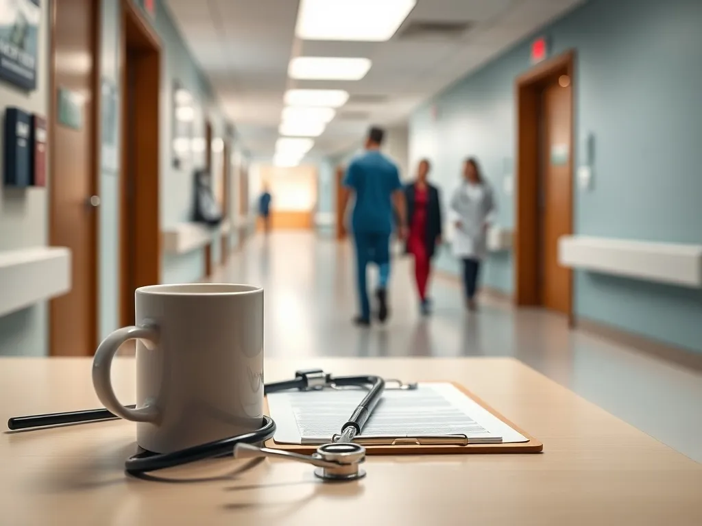 Biurko opiekuna medycznego w szpitalu z identyfikatorem, stetoskopem i dokumentami na tle korytarza i personelu medycznego