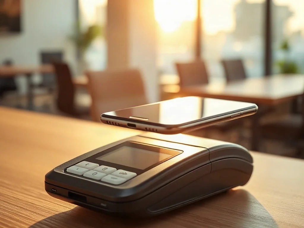 Smartfon zbliżony do terminala płatniczego, ilustrujący proces dokonywania płatności zbliżeniowej NFC.