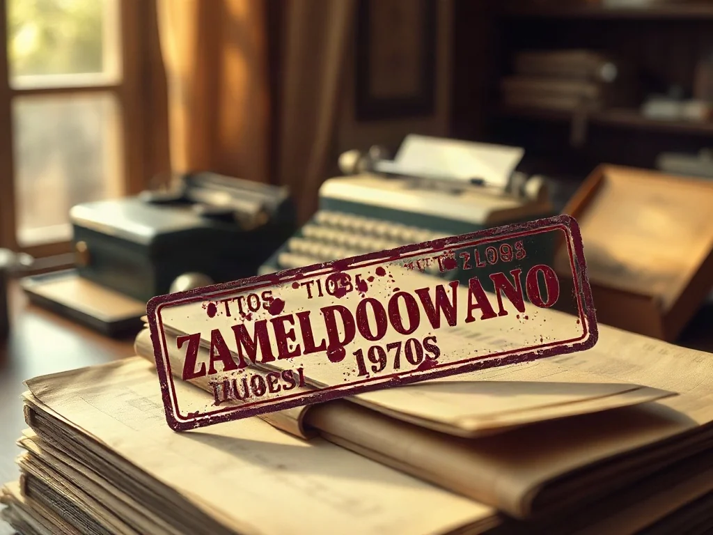 Stara pieczątka „ZAMELDOWANO” na archiwalnych dokumentach z PRL, leżących na biurku z maszyną do pisania.