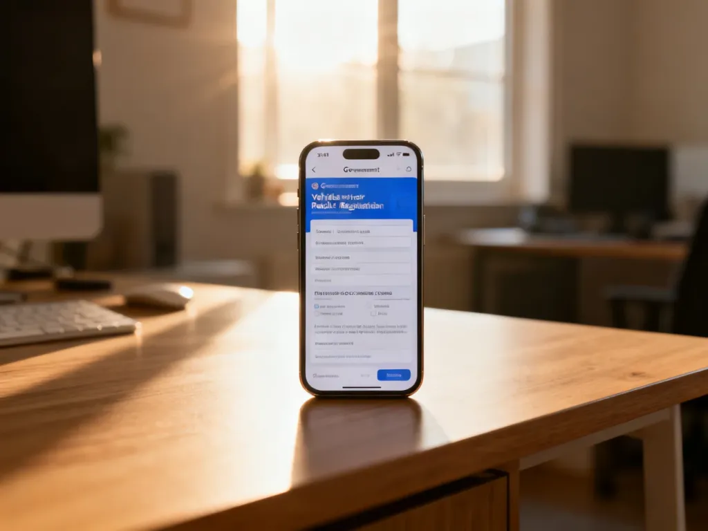 Smartfon z wyświetlonym formularzem zgłoszenia sprzedaży pojazdu na drewnianym biurku w domowym biurze.