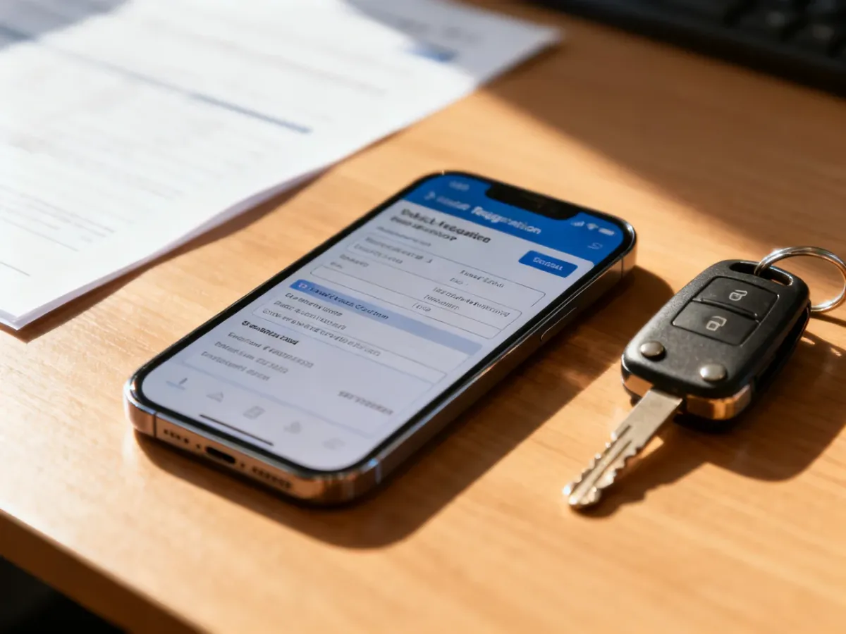 Smartfon z otwartym formularzem zgłoszenia sprzedaży pojazdu leżący na drewnianym biurku obok kluczyków samochodowych.