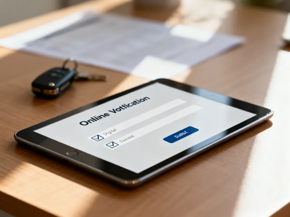 Tablet z formularzem online na drewnianym biurku, symbolizujący proces elektronicznego zgłoszenia sprzedaży samochodu.